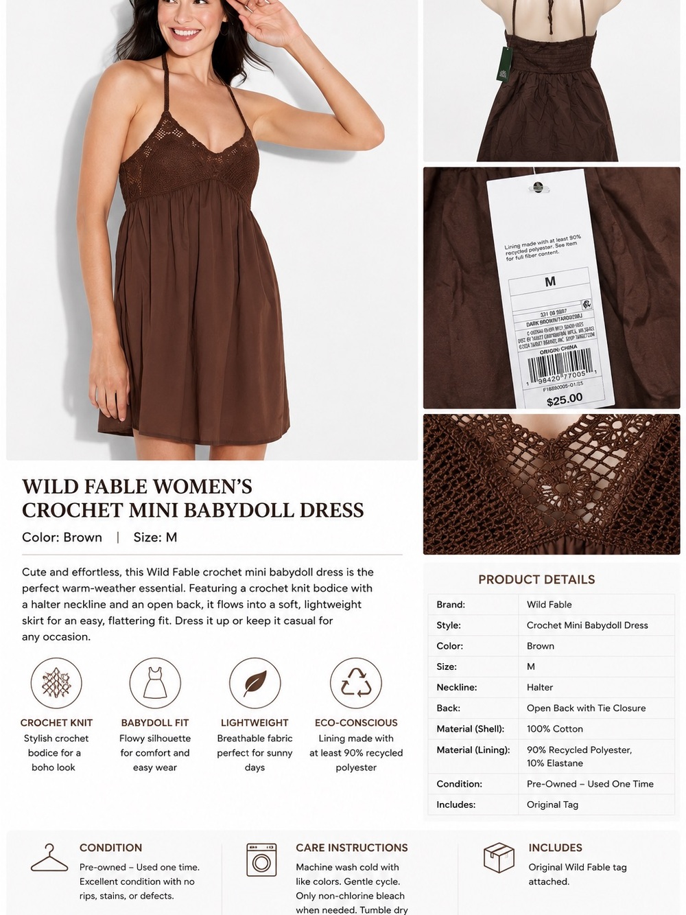Wild Fable Brown Crochet Halter Mini Dress